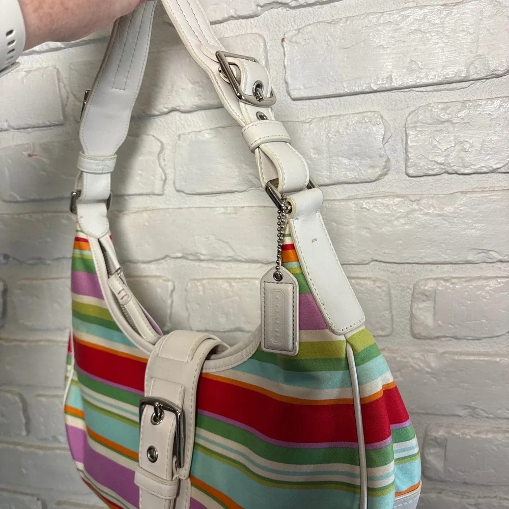 Vintage Coach Hamptons Multi-Stripe Hobo Shoulder Bag 10702 Y2K White Silver